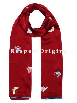 Red Parsi Gara Embroidery Silk Stole  with Butterfly Pattern.; RespectOrigins.com