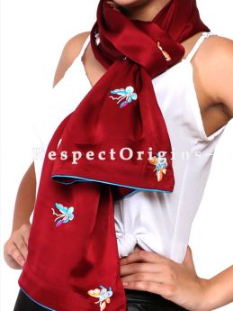 Red Parsi Gara Embroidery Silk Stole  with Butterfly Pattern.; RespectOrigins.com