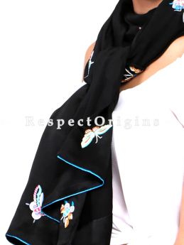 Black Parsi Gara Embroidery Silk Stole with Butterfly Pattern; RespectOrigins.com