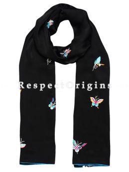 Black Parsi Gara Embroidery Silk Stole with Butterfly Pattern; RespectOrigins.com