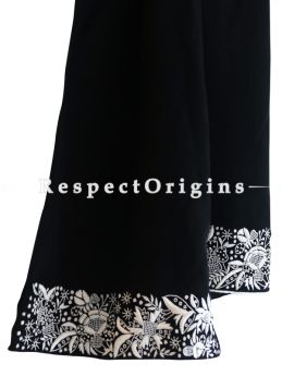 Black Parsi Gara Embroidery Silk Stole with White Flower Pattern.; RespectOrigins.com