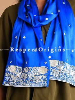 Blue Parsi Gara Embroidery Silk Stole Peacock Border.; RespectOrigins.com