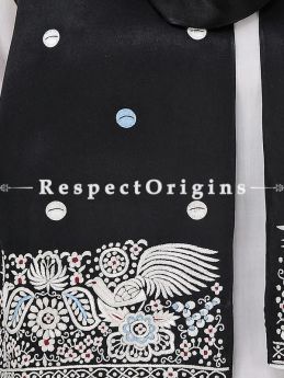 Black Parsi Gara Embroidery Silk Stole Peacock Border.; RespectOrigins.com