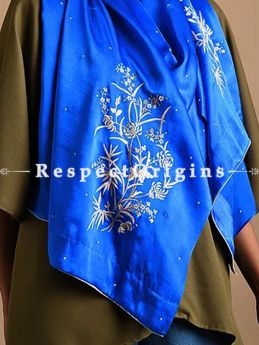 Blue Parsi Gara Embroidery silk Stole Chrysanthemum Bamboo Pattern.; RespectOrigins.com