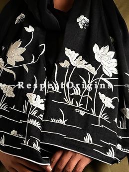 Black Parsi Gara Embroidery Silk Stole with Crane and Lotus in Water Pattern.; RespectOrigins.com