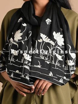 Black Parsi Gara Embroidery Silk Stole with Crane and Lotus in Water Pattern.; RespectOrigins.com