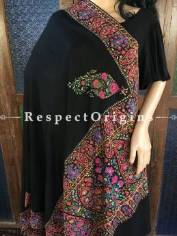 Genuine Kashmiri Pashmina Shawl with Kashidakari Embroidery on Black Base; 80x40 In; RespectOrigins.com