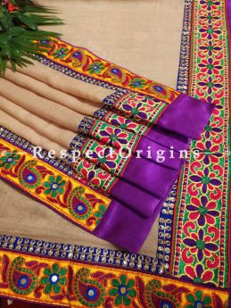 Fab Beige Pashmina Shawl with Stunning Kutchi Border n Purple Silk;78 x42 Inch; RespectOrigins.com