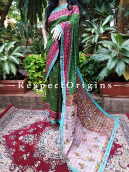 Emerald Green Ikat Patola Weave Kantha Stitch Silk Saree; RespectOrigins.com