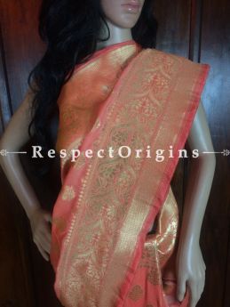 Adorable Peach Hand Woven Banarasi Silk Saree; Zari Work, RespectOrigins