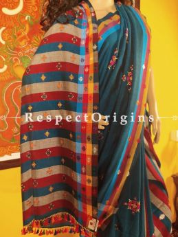 Peacock Blue Linen Handwoven Saree with Suf Hand-embroidery all over and Contrast Stripes Online at RespectOrigins.com