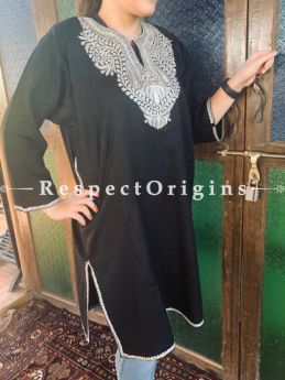 Ladies Pheran, Kashmiri, Tilla Embroidery on black base, Semi Pashmina, RespectOrigins.com