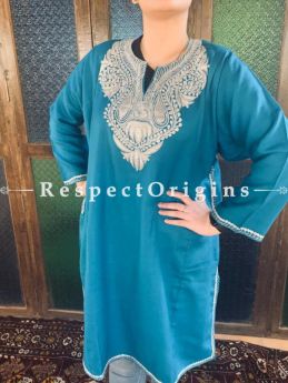 Ladies Pheran, Kashmiri, Tilla Embroidery on blue base, Semi Pashmina, RespectOrigins.com