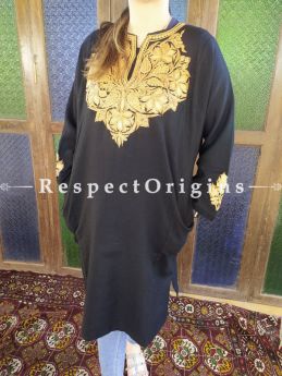 Ladies Pheran, Kashmiri, Gold Tilla Embroidery on black base, Semi Pashmina