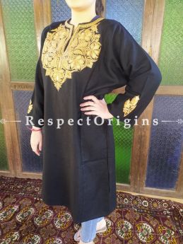 Ladies Pheran, Kashmiri, Gold Tilla Embroidery on black base, Semi Pashmina, RespectOrigins.com