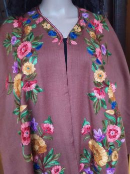 Ariwork Embroidered Purple Cape Shawl on Semi- Pashmina Wool; Free Size; RespectOrigins.com
