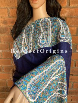 Gorgeous Blue Luxury Pashmina Saree Sozni Paisley Pallu & Border w/ Blouse; RespectOrigins.com