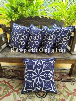 Striking Applique Hand-embroidered Blue and White Rich Cotton Throw Cushions Set of 5; 16x16 Inches