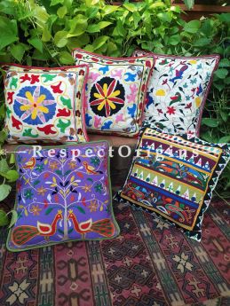 Mix n Match Accent Colorful Suzani Embroidery Rich Cotton Throw Cushions Set of 5; 17x17 Inches