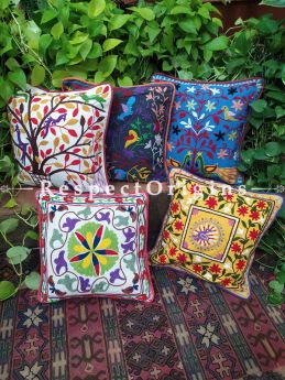 Joyful Colorful Suzani Embroidery Rich Cotton Throw Cushions Set of 5; 17x17 Inches