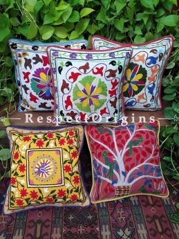 Gorgeous Colorful Hand-embroidered Suzani Rich Cotton Throw Cushions Set of 5; 17x17 Inches