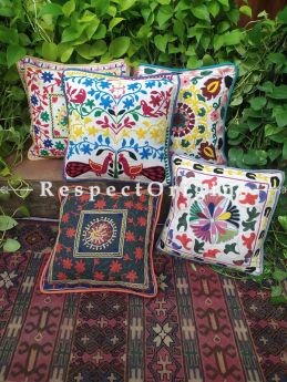 Brilliant Mix n Match Suzani Embroidery Rich Cotton Throw Cushions Set of 5; 17x17 Inches