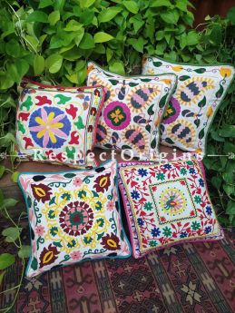 Nature’s Colors Mix n Match Suzani Embroidery Rich Cotton Throw Cushions Set of 5; 17x17 Inches