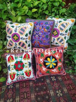 Boho Hand Embroidered Suzani Pure Cotton Throw Cushions Set of 5; 17x17 Inches