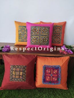 Vibrant Silk Tribal Kuttchi Patch Centre Throw Cushions Set of 5; 16x16 Inches