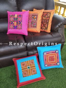 Vibrant Silk Tribal Kuttchi Patch Centre Throw Cushions Set of 5; 16x16 Inches