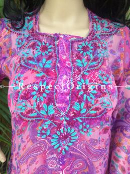 Pink And Purple Short Chiffon Kurti With Blue And Maroon Color Chikankari Embroidery Work; RespectOrigins.com
