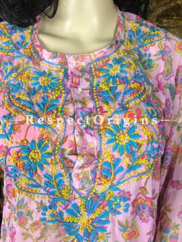Kurti; Ladies Chiffon Pink base floral pattern; Chikankari Embroidery.RespectOrigins.
