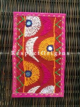 Luxury Visiting Card Holders; Genuine Handcrafted Leather; Yellow, White & Blue On Pink Kutchi Embroidery; RespectOrigins.com