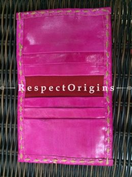 Visiting Card Holders; Genuine Handcrafted Leather; Green, Blue & Yellow On Pink Kutchi Embroidery; RespectOrigins.com