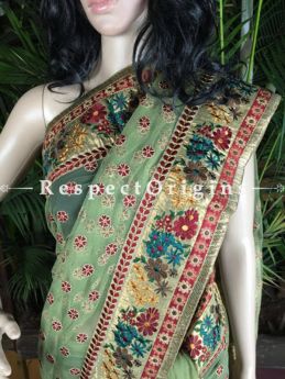 Buy Pista Green and Red; Parsi Net Saree At RespectOriigns.com