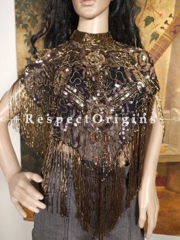 Luxurious Coffee Brown Georgette Handcrafted Beaded Bolero Shrug with Lovely Tassels at respect origins.com