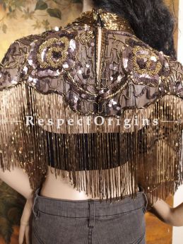Luxurious Coffee Brown Georgette Handcrafted Beaded Bolero Shrug with Lovely Tassels at respect origins.com