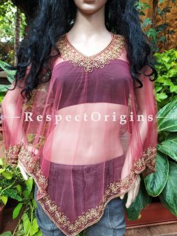 Formal Cocktail Dress or Gown Chic Top Net with Gold Beadwork Poncho Throw Shrug; Maroon-Mu-50171-69420