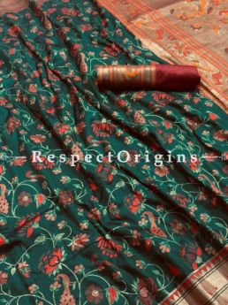 Kanchipuram Pure Silk Saree in Bottle Green,Full Body Weaving With Contrast Running Blouse.; RespectOrigins.com