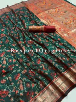 Kanchipuram Pure Silk Saree in Bottle Green,Full Body Weaving With Contrast Running Blouse.; RespectOrigins.com