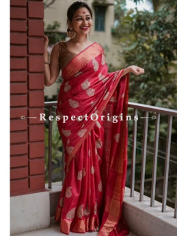 Red Handwoven Pure Muga Tussar Silk Saree ; 5.5 Meters Length ; 120 Thread Count ; Blouse Included; RespectOrigins.com