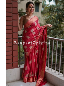 Red Handwoven Pure Muga Tussar Silk Saree ; 5.5 Meters Length ; 120 Thread Count ; Blouse Included; RespectOrigins.com