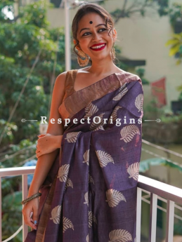 Purple Handwoven Pure Muga Tussar Silk Saree ; 5.5 Meters Length ; 120 Thread Count ; Blouse Included; RespectOrigins.com