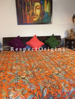 Buy Quilted Cotton Bedspread in orange Base with Hand Block Print Floral Design and Kantha Work; 3 Cushion Covers included; 90x108 in At RespectOrigins.com