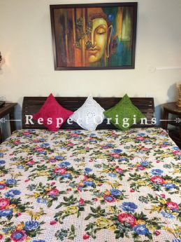 Buy Quilted Cotton Bedspread in White Base with Hand Block Print Floral Design and Kantha Work; 3 Cushion Covers included; 90x108 in At RespectOrigins.com
