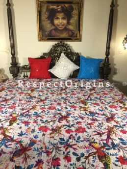 Buy Quilted Cotton Bedspread in White Base with Hand Block Print Floral Design and Kantha Work; 3 Cushion Covers included; 90x108 in At RespectOrigins.com