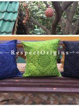Buy Set of 3 Regal Rajasthani Embroidery Mirror Work Square Cotton Cushion Cover; 16x16 in; Lime Green Black Blue At RespectOrigins.com