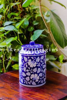 Buy Ceramic Pottery Spice Jar or Container or Canister in Blue With White Floral Design; Handcrafted Jaipuri Blue Pottery; Chemical Free At RespectOrigins.com