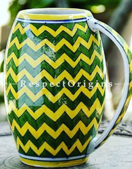 Buy Ceramic Yellow and Green Zig Zag Pattern Beer Mug Set of 2; 400 ML; Handcrafted Jaipuri Blue Pottery; Chemical Free At RespectOrigins.com