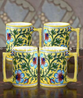 Buy Coffee Mug Set of 4; Yellow Base With Blue and Green Floral Design; Handcrafted Jaipuri Blue Pottery; Chemical Free At RespectOrigins.com